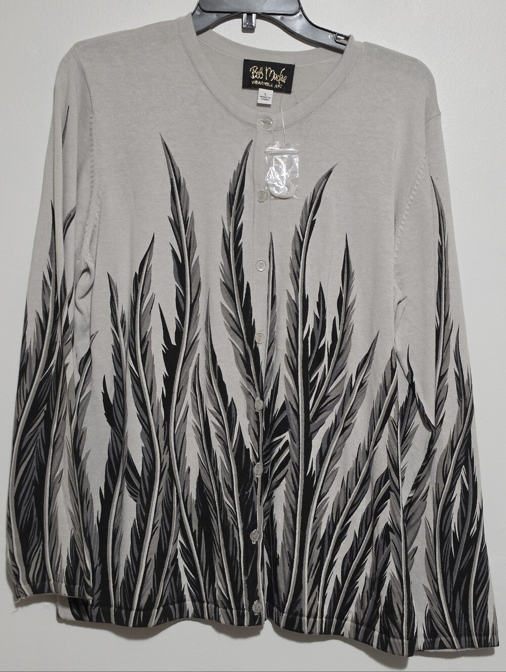 Bob Mackie Wearable Art Feather Print Cardigan Sweater L